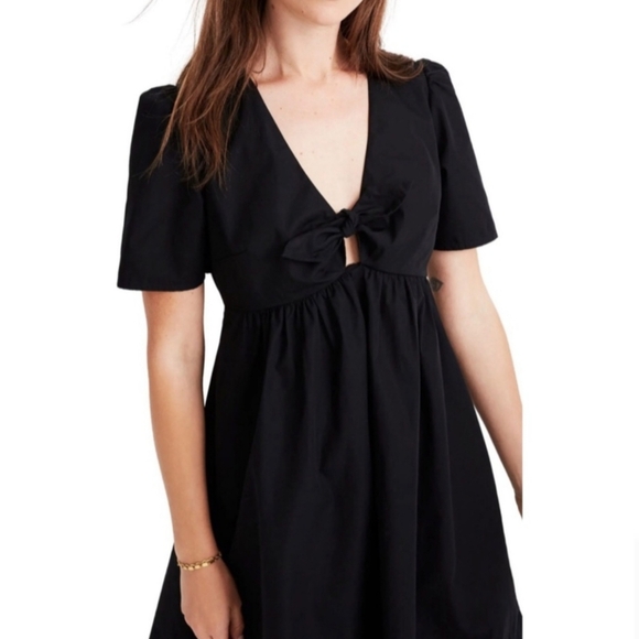 Madewell Black Tie-Front Mini Dress Size 12 NWT Cotton Empire Waist V-Neck - Picture 10 of 13